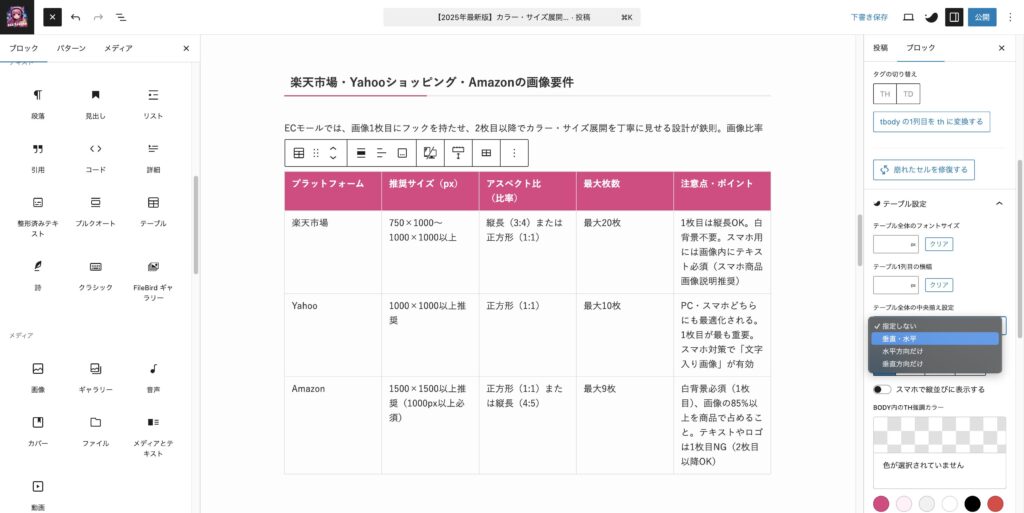 SWELLで表作成【重要】表の中が整理されていなくて見づらい！そんな時は【テーブル全体の中央揃え】をする